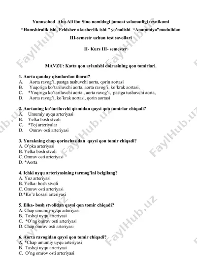abu ali ibn sino nomidagi jamoat salomatligi texnikumi "hamshiralik ishi, feldsher akusherlik ishi" yo’nalishi "anatomiya" modulidan iii-semestr uchun test savollari — DOCX