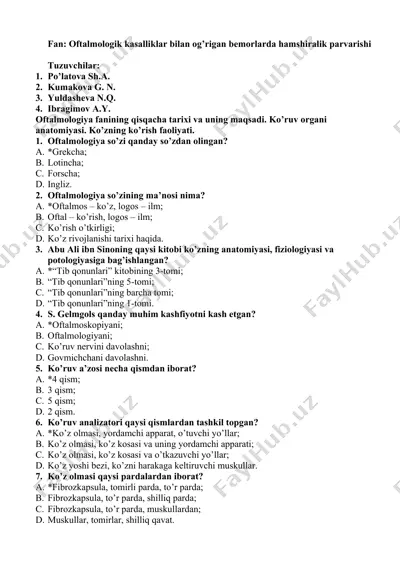 oftalmologik kasalliklar bilan og’rigan bemorlarda hamshiralik parvarishi — DOCX
