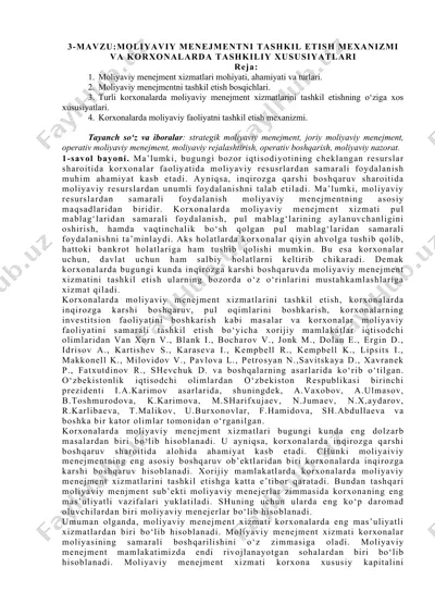 moliyaviy menejmentni tashkil etish mexanizmi va korxonalarda tashkiliy xususiyatlari — DOCX
