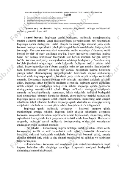 korxonalarda inqirozga qarshi boshqaruvning moliyaviy asoslari — DOCX
