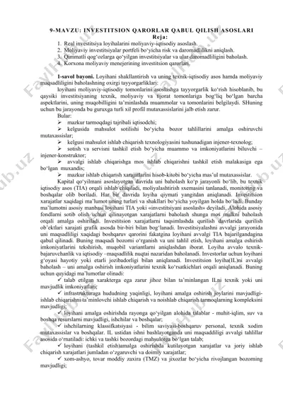 investitsion qarorlar qabul qilish asoslari — DOCX