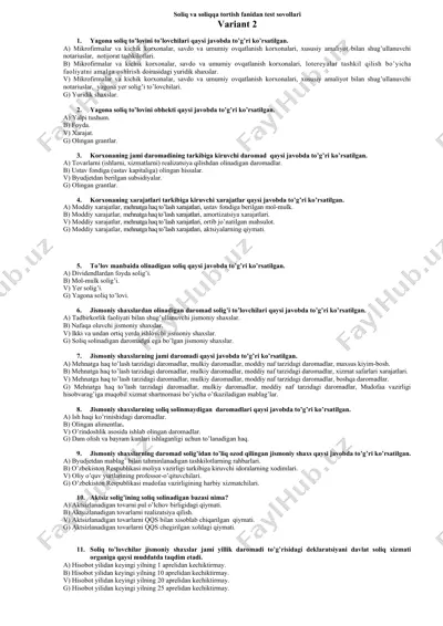soliq va soliqqa tortish fanidan test sovollari — DOC