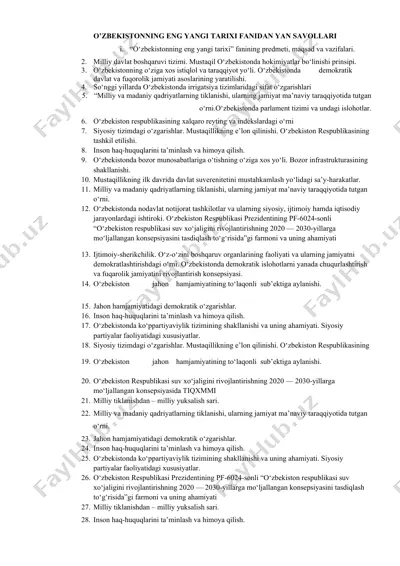 o’zbekistonning eng yangi tarixi fanidan yan savollari — DOCX