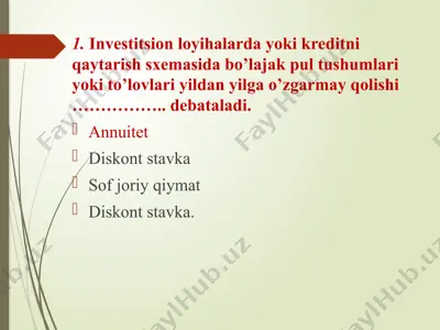investitsion loyihalarda yoki kreditni qaytarish sxemasida bo’lajak pul tushumlari yoki to’lovlari yildan yilga o’zgarmayqolishi — PPTX