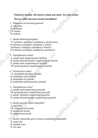 pediatriya fanidan iii-semestr uchun mavzulari bo‘yicha testlar — DOCX
