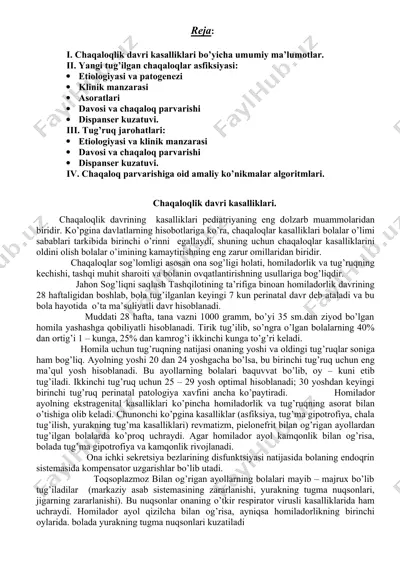 chaqaloqlik davri kasalliklari va chaqaloq parvarishiga oid amaliy ko’nikmalar algoritmlari — DOC