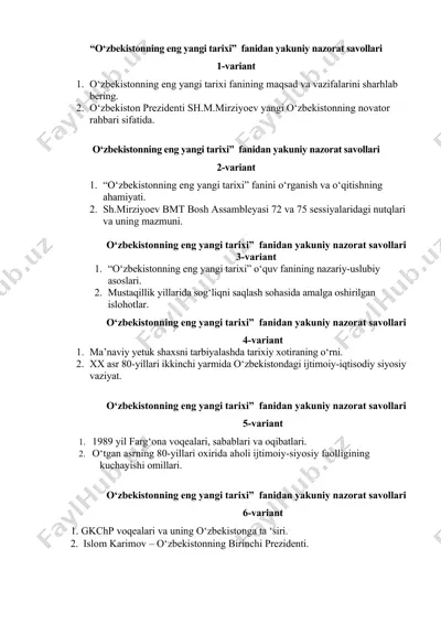 “o‘zbekistonning eng yangi tarixi” fanidan yakuniy nazorat savollari — DOCX