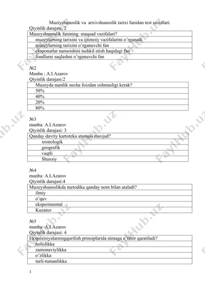 muziyshunoslik va arxivshunoslik tarixi fanidan test savollari — DOC