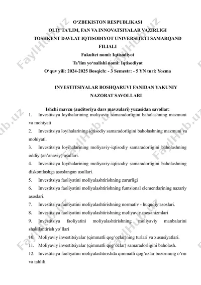 investitsiyalar boshqarivi fani — DOCX