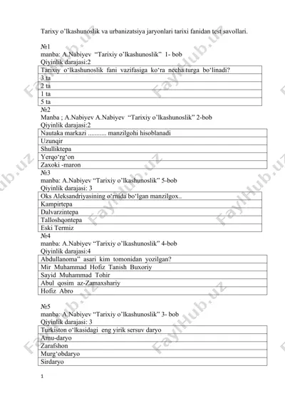 tarixy o’lkashunoslik va urbanizatsiya jaryonlari tarixi fanidan test savollari — DOC