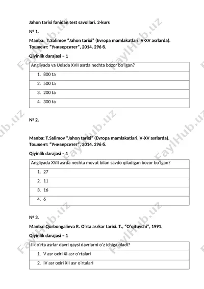 jahon tarixi fanidan test savollari. 2-kurs — DOCX