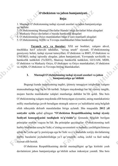 mustaqil o’zbekistonning tashqi siyosati asoslari va jahon hamjamiyatiga qo’shilishi — DOCX