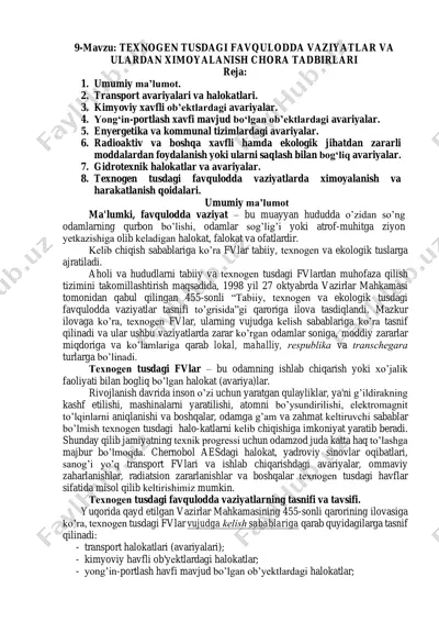 texnogen tusdagi favqulodda vaziyatlar va ulardan ximoyalanish chora tadbirlari — PDF