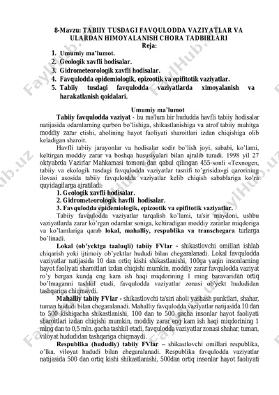 tabiiy tusdagi favqulodda vaziyatlar va ulardan himoyalansih chora tadbirlari — PDF