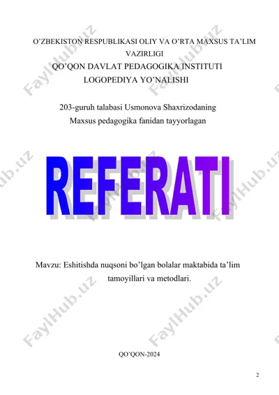 eshitishda nuqsoni bolalar tarbiyalash metodlari — DOC