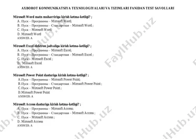 axborot kommunikatsiya texnologiyalari va tizimlari fanidan test savollari — PDF