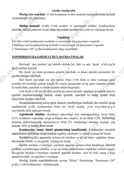 g„alla kombayni va don saralash mashinalarining tuzilishi va texnologik ish jarayonlari — PDF