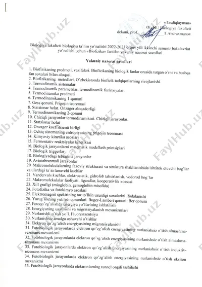 biofizika fakultti biologiya t'lim yo'nalishi 2022-2023 o'quv yili ikkinchi semestr bakalavr lishi uehun "biofizika fanidan yakuniy nazorat savollari" — PDF