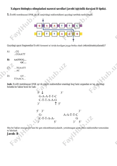 xalqaro biologiya olimpiadasi nazorat savollari javobi (qiyinlik darajasi b tipda) — PDF