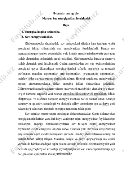 suv energiyasidan foydalanish mashg'uloti — PDF