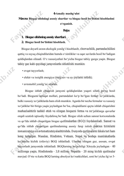 biogaz olishning asosiy shartlari va biogaz hosil bo‘lishini hisoblash — PDF