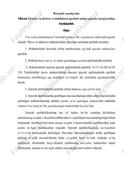 ekinlar va dorivor o‘simliklarni quritish uchun quyosh energiyasidan foydalanish — PDF