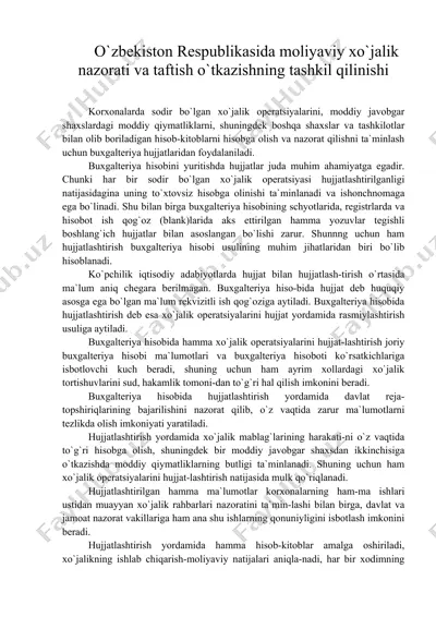 o`zbekiston respublikasida moliyaviy xo`jalik nazorati va taftish o`tkazishning tashkil qilinishi — DOC