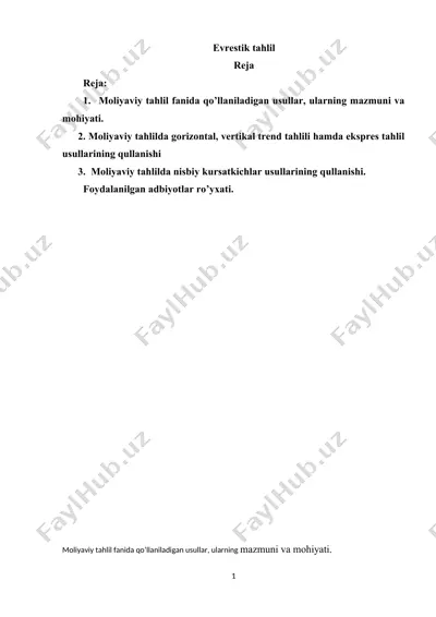 moliyaviy tahlil fanida qo’llaniladigan usullar, ularning mazmuni va mohiyati — DOCX