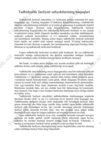 tadbirkorlik faoliyati subyektlarining huquqlari — DOC