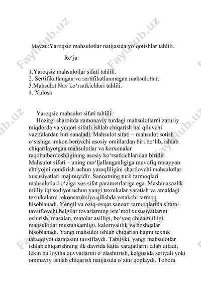 yaroqsiz mahsulotlar natijasida yo‘qotishlar tahlili — DOCX