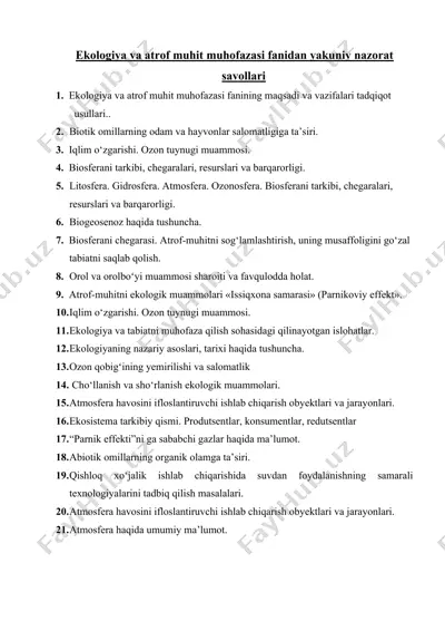 ekologiya va atrof muhit muhofazasi fanidan yakuniy nazorat savollari — DOC
