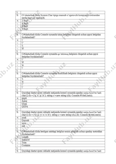 c# dasturlash tilida system.char tipiga mansub o‟zgaruvchi — PDF