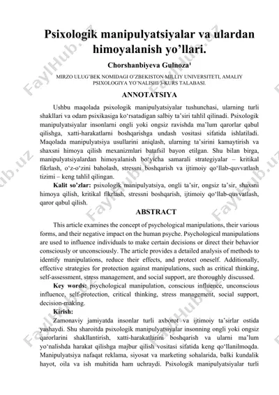 psixologik manipulyatsiyalar va ulardan himoyalanish yo’llari — DOCX