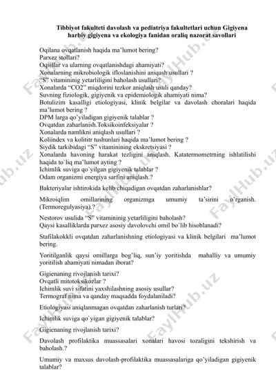 gigiyena harbiy gigiyena va ekologiya fanidan oraliq nazorat savollari — PDF