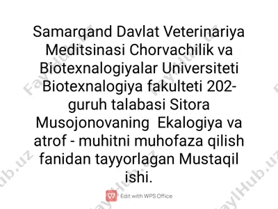 ekologiya va atrof-muhitni muhofaza qilish fanidan tayyorlagan mustaqil ish — PDF