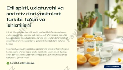 etil spirti, uxlatuvchi va sedativ dori vositalari: tarkibi, ta'siri va ishlatilishi — PDF