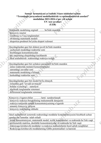 "texnologik jarayonlarni modellashtirish va optimallashtirish asoslari" moduli - yn test savollari — DOC