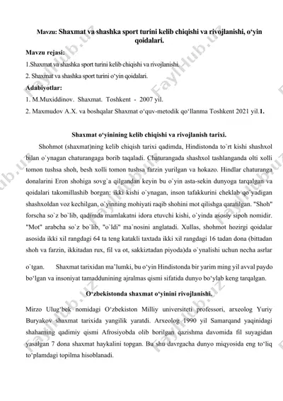 shaxmat va shashka sport turini kelib chiqishi va rivojlanishi, o‘yin qoidalari — DOCX
