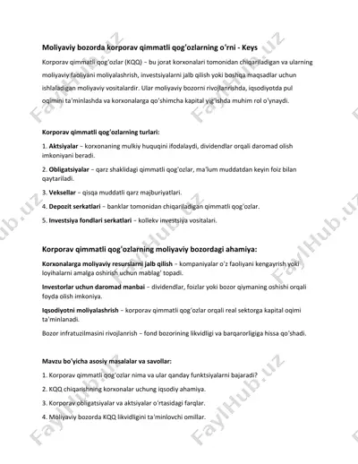 keys moliyaviy bozorda korporativ qimmatli qog'ozlarning o'rni — DOCX