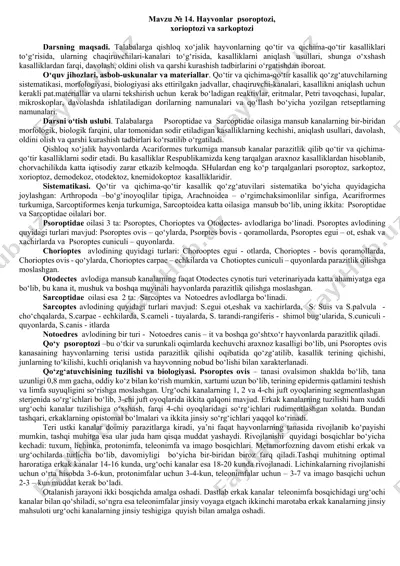 hayvonlar psoroptozi, xorioptozi va sarkoptozi — DOCX