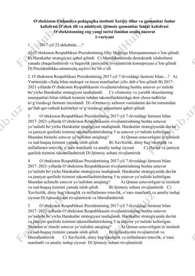 o‘zbekistonning eng yangi tarixi fanidan oraliq nazorat — DOCX