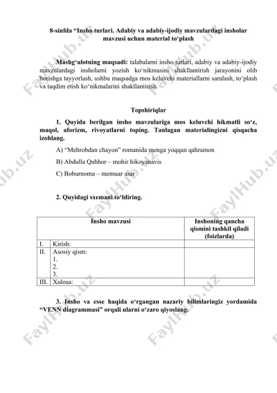 insho turlari. adabiy va adabiy-ijodiy mavzulardagi insholar mavzusi uchun material to‘plash — DOCX