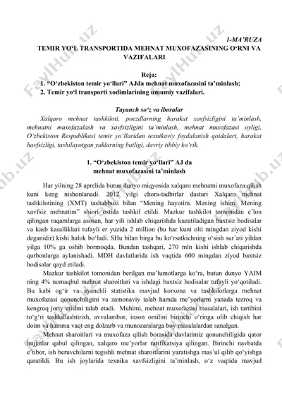 temir yo‘l transportida mehnat muxofazasining o‘rni va vazifalari — DOCX