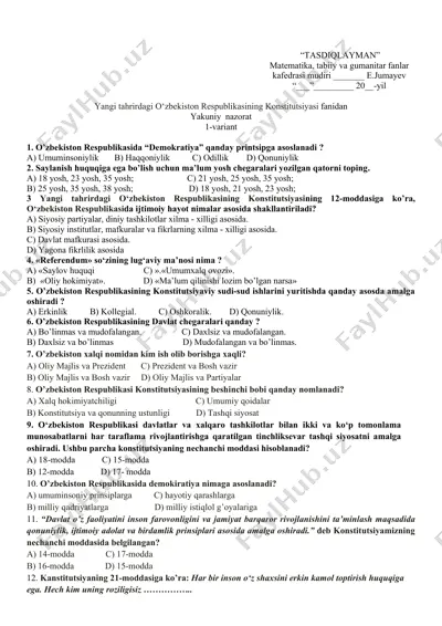 o‘zbekiston respublikasining konstitutsiyasi fanidan yakuniy nazorat — DOCX