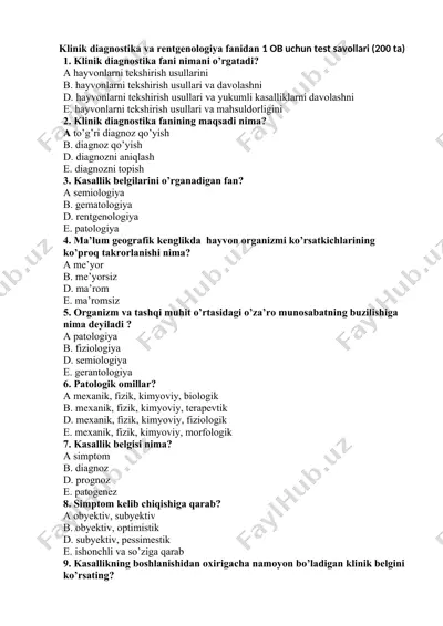 klinik diagnostika va rentgenologiya fanidan 1 ob uchun test savollari (200 ta) — DOC