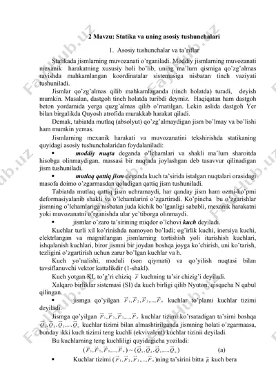 statika va uning asosiy tushunchalari — DOC