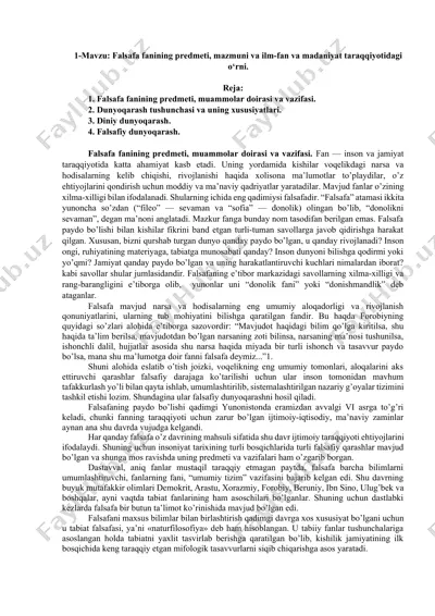 falsafa fanining predmeti, mazmuni va ilm-fan va madaniyat taraqqiyotidagi o‘rni — DOCX