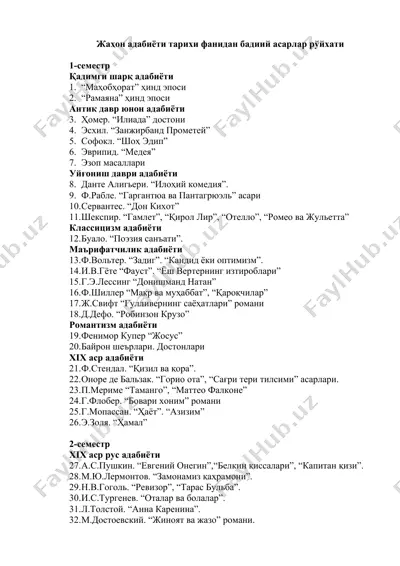 жаҳон адабиёти тарихи фанидан бадиий асарлар рўйхати — DOC