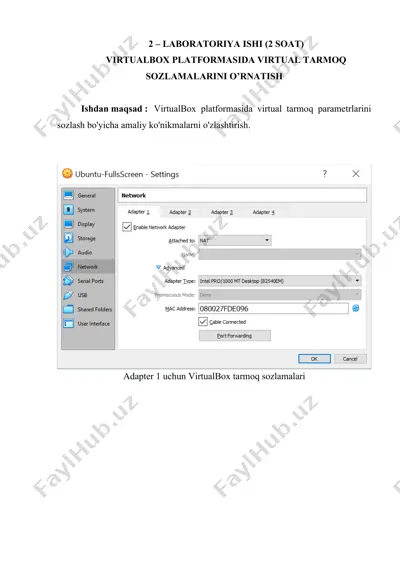 virtualbox platformasida virtual tarmoq sozlamalari — DOCX