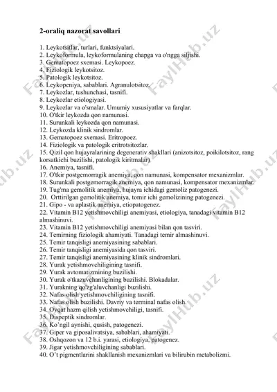 gematologiya bo'yicha 2-oraliq nazorat savollari — DOCX